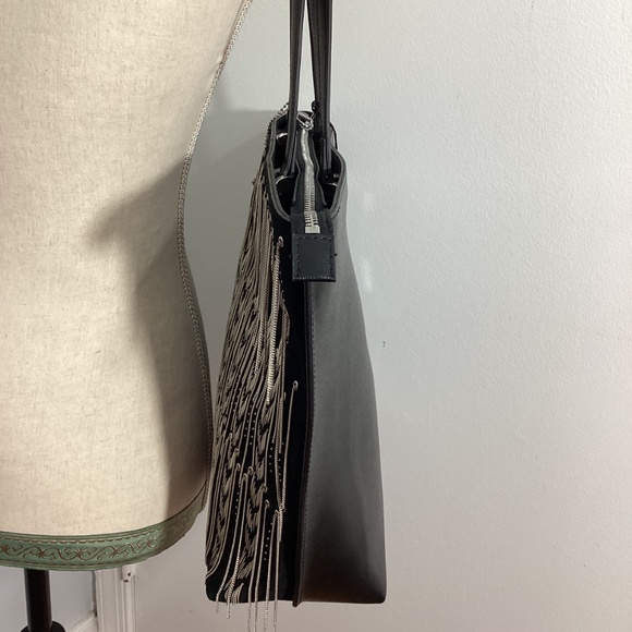 NWT CROMIA WOMAN'S LARGE LEATHER SUEDE TOTE BLACK  BAG FRINGE CHAINS AT FRONT - Picture 14 of 16
